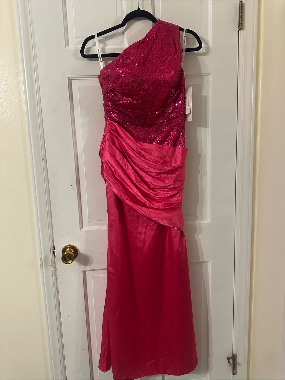 One-Shoulder Pink Sequin & Satin Formal Dress